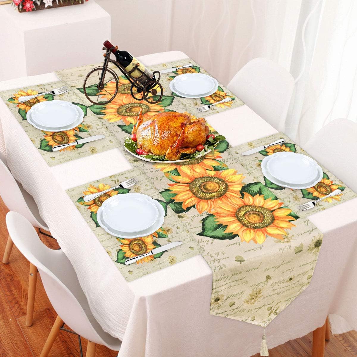 Smurfs Yingda Thanksgiving Table Runner with 4pcs Placemats Sunflowers Table Runner Set Orange Harvest Table Mats Set Thanksgiving Day, Catering Events, Dinner Parties