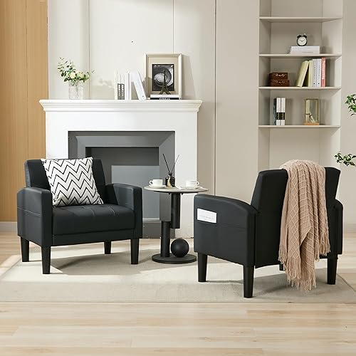 Miniatura 8 de TYBOATLE Juego de 2 sillas decorativas para sala de estar, acogedoras sillas decorativas negras copetudas modernas de mediados de siglo con brazos