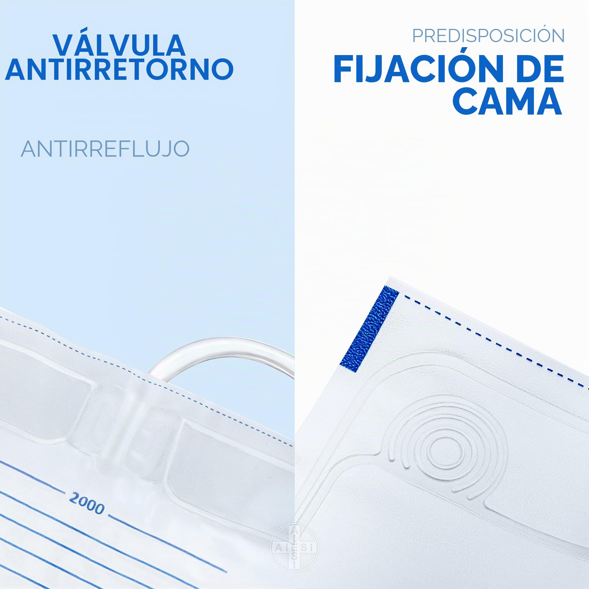 AIESI® Bolsas de orina de 2 litros tubo 120 cm con grifo de descarga cruzado (T) y válvula antirreflujo HOSPIDRAIN (Paquete de 25 piezas)