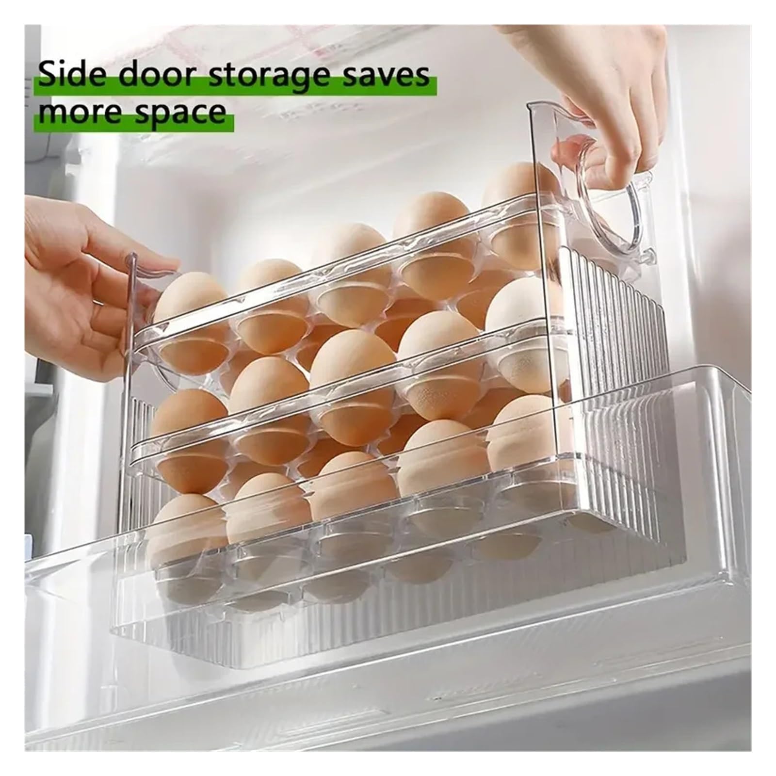 Hueverera que ahorra espacio con diseño de apertura automática, organizador de huevos para puerta de refrigerador y cocina (blanco)
