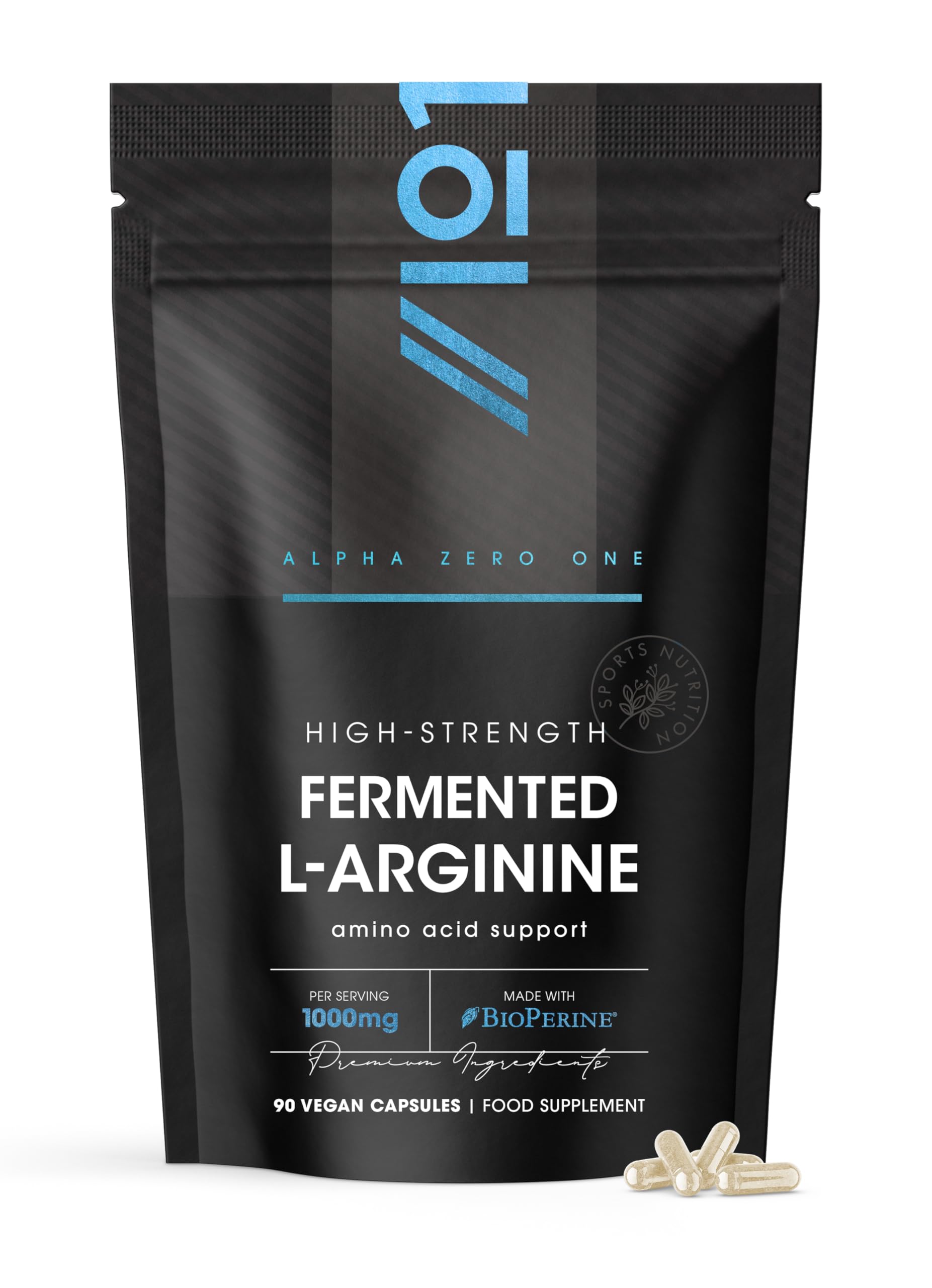 Fermented L-Arginine 1000mg with BioPerine® & Biotin - 60 Vegan Capsules - High Strength Amino Acid Supplement - Resealable and Recyclable Pouch - by Alpha01