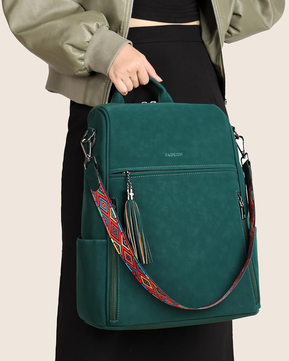 FADEON Leather Laptop Backpack for Women Designer 15.6 inch PU Laptop Bag, Ladies Travel Computer Work Backpack Green - Image 8