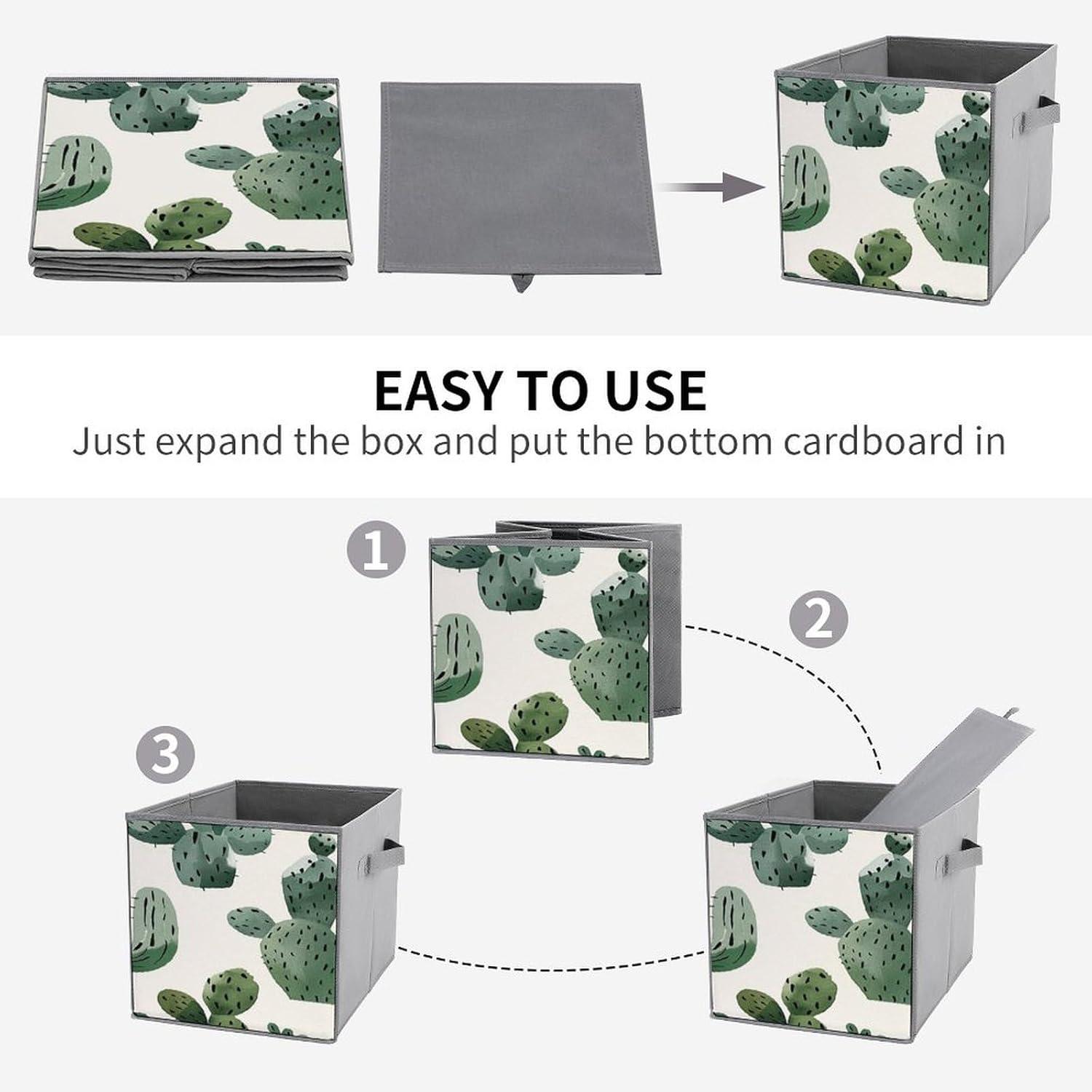 Multi Use Organizer Bins, Light Cactus Pattern Printed Storage Bins, Foldable Storage Baskets Are Suitable For Bedrooms, Offices, And Cars