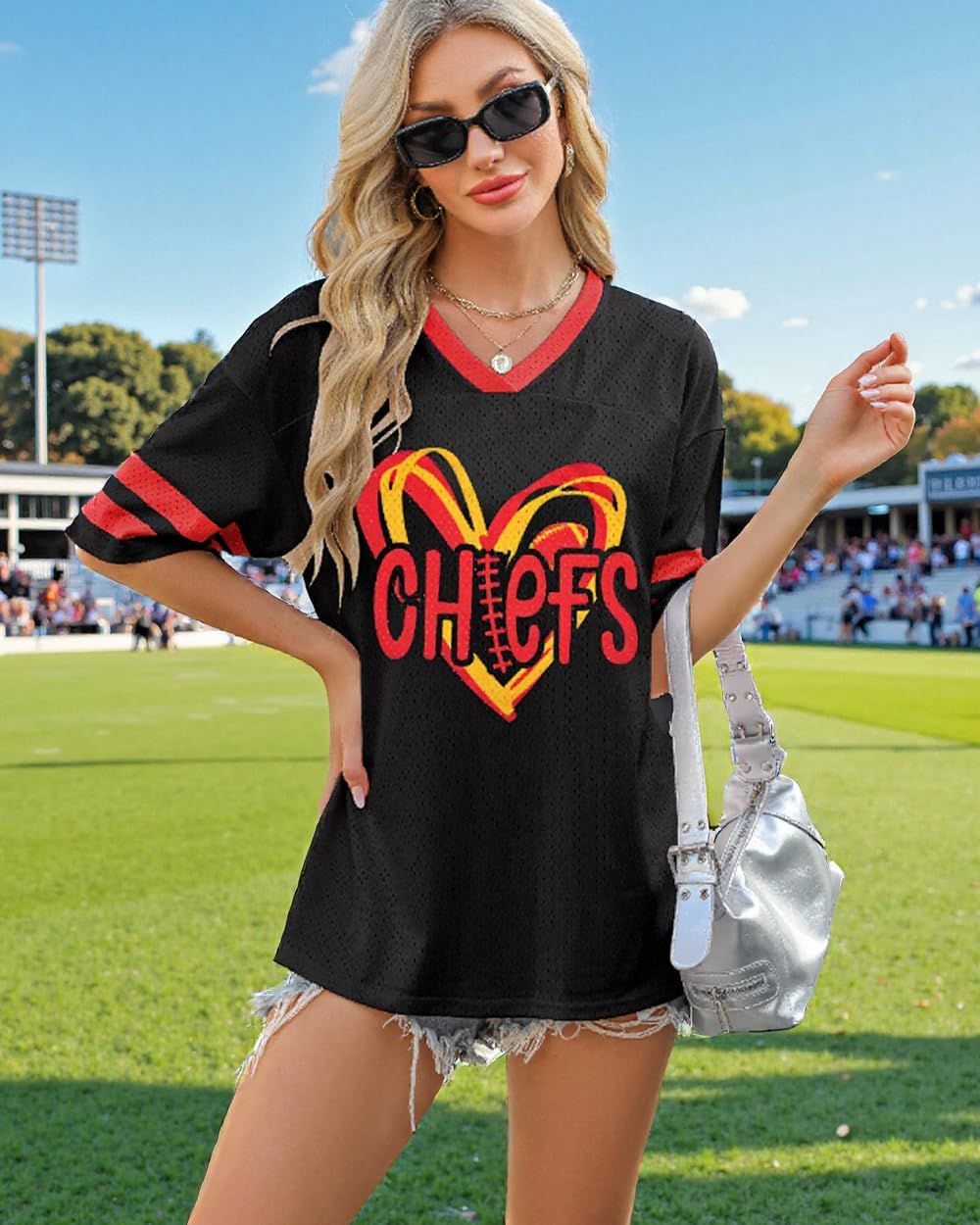 Oversized Football Game Day Shirt Women Sunday Funday Jersey Football Team Fans Mesh Tshirt V Neck Heart Graphic Tops - Image 6