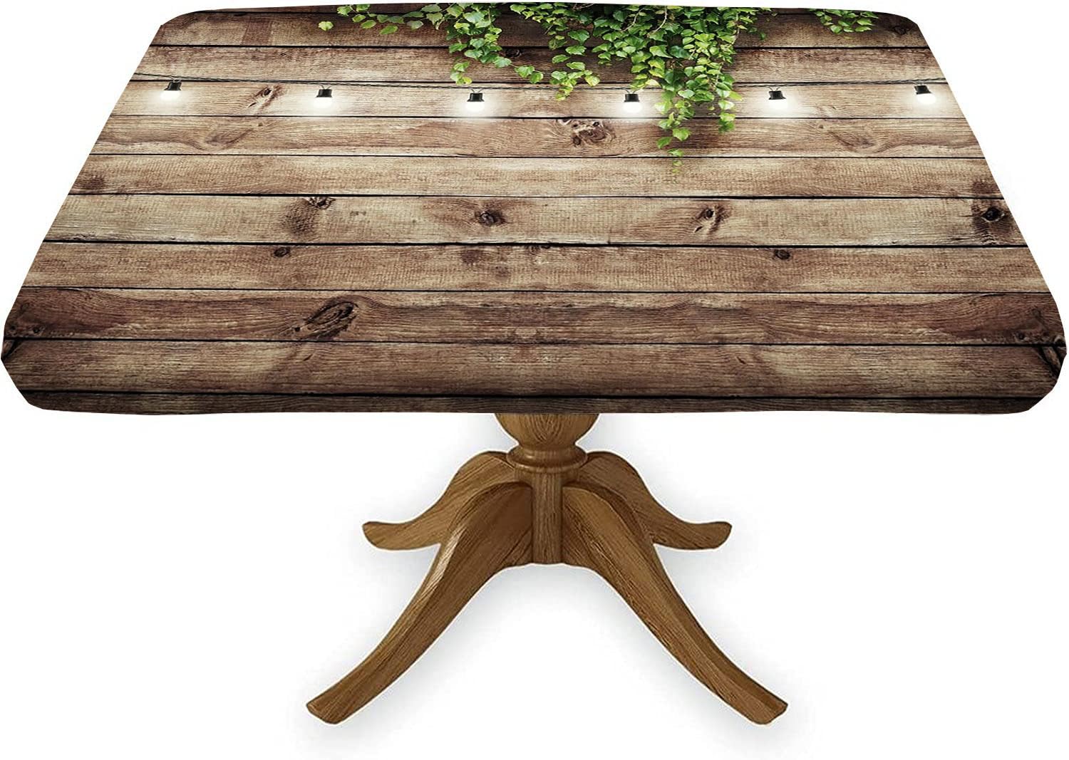 Square Rustic Wood Grain Fitted Tablecloth with Elastic Edged, Wooden Bran Door Green Leaves Antique Brown Print Wipeable Table Cover for Outdoor