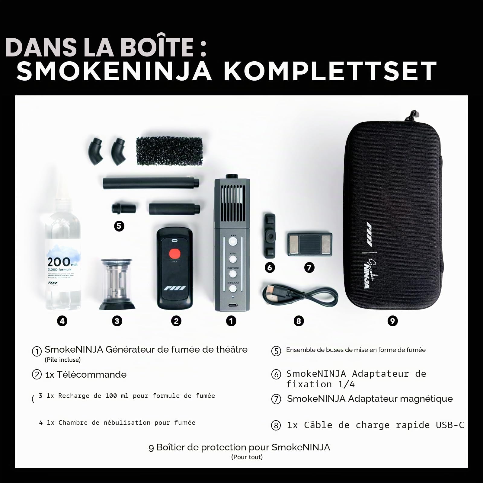 PMI SmokeNINJA Machine à fumée portable et sans fil avec télécommande, pour photographie, événements en plein air, fêtes, effets de scène, Halloween ou mariages (kit complet)