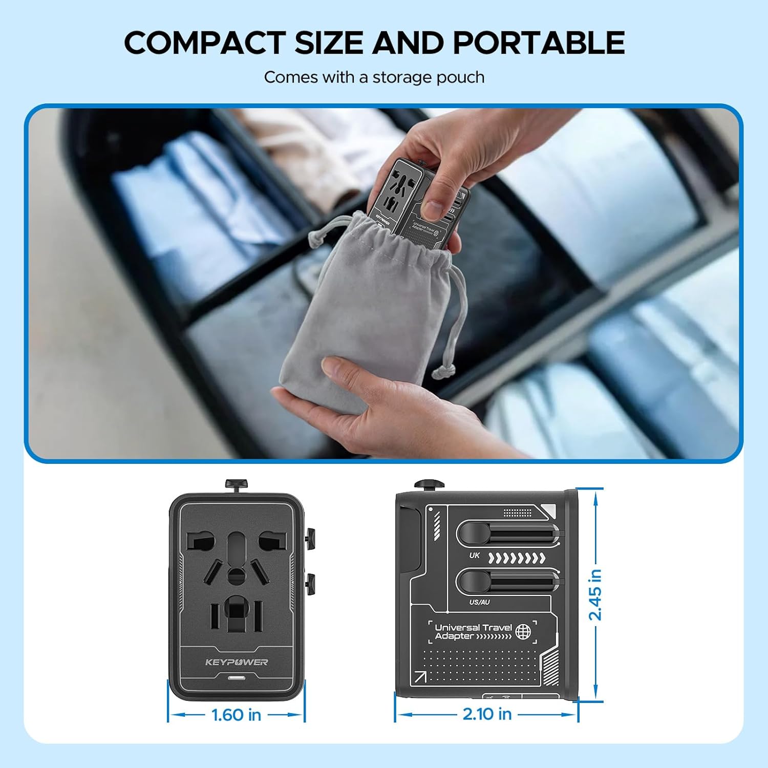 Universal Travel Adapter 30W GaN, KEY POWER All-in-One International Power Adapter with 2 USB-C & 1 USB-A, Worldwide Plug Converter for EU/US/UK/AU in 200+ Countries