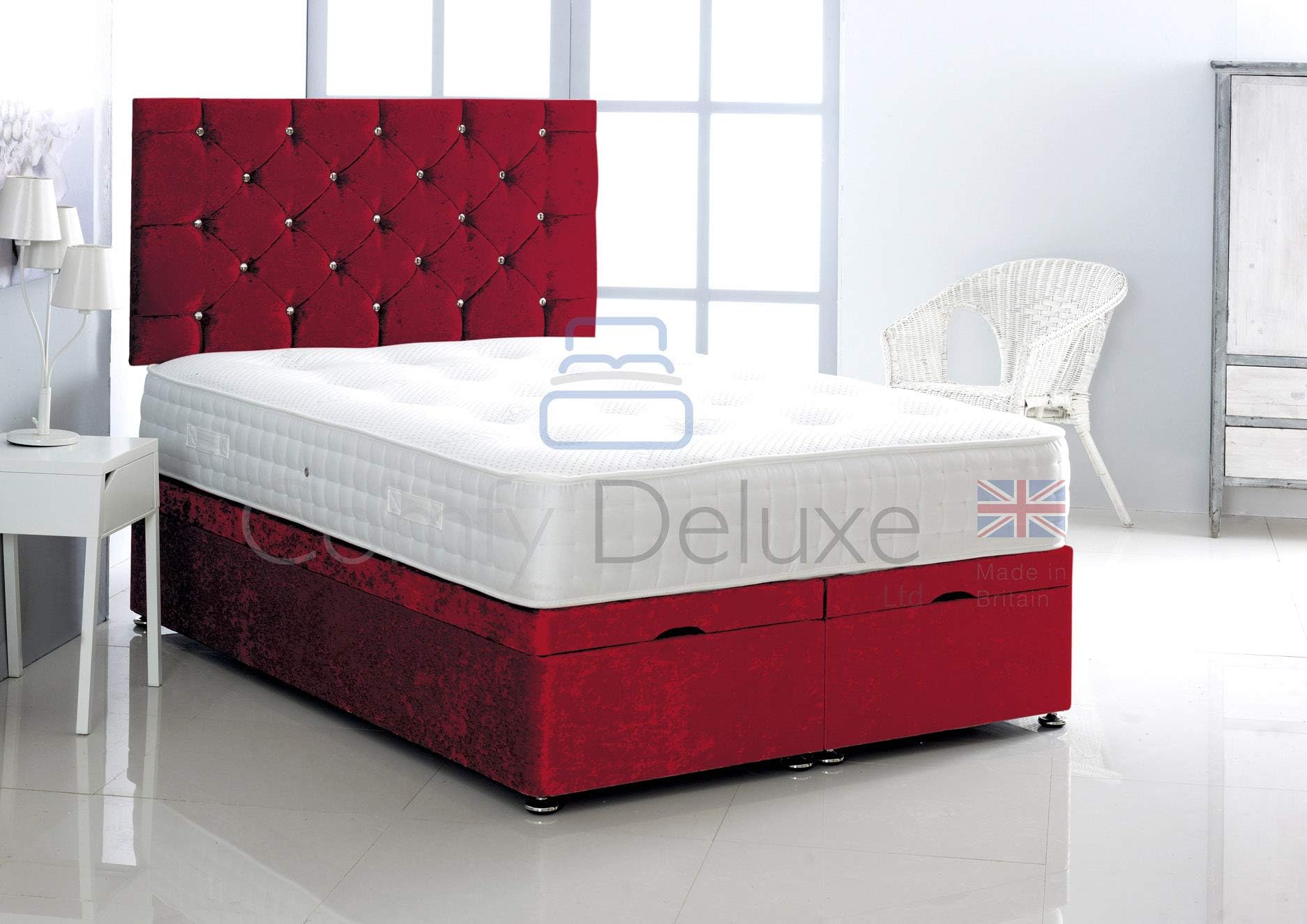 Comfy Deluxe LTD Ottoman Divan Storage Bed Side Lift Open In Crushed Velvet With Memory Foam Mattress And Chesterfield Headboard | Gas Lift Open Ottoman Divan Bed Set (Red, 2FT6 Small Single)