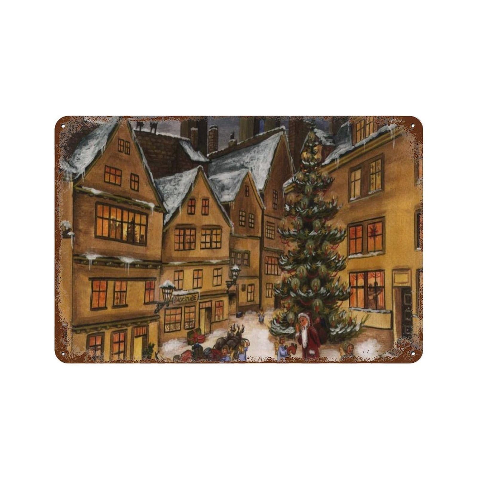 xiaoxiaoshen Christmas Village Winter Small Town Holiday Square Snowy Painting Wall Decor Art Metal Tin Poster Modern Home Decor Art Home Bar Shop Decorations Vintage Sign 20x30cm