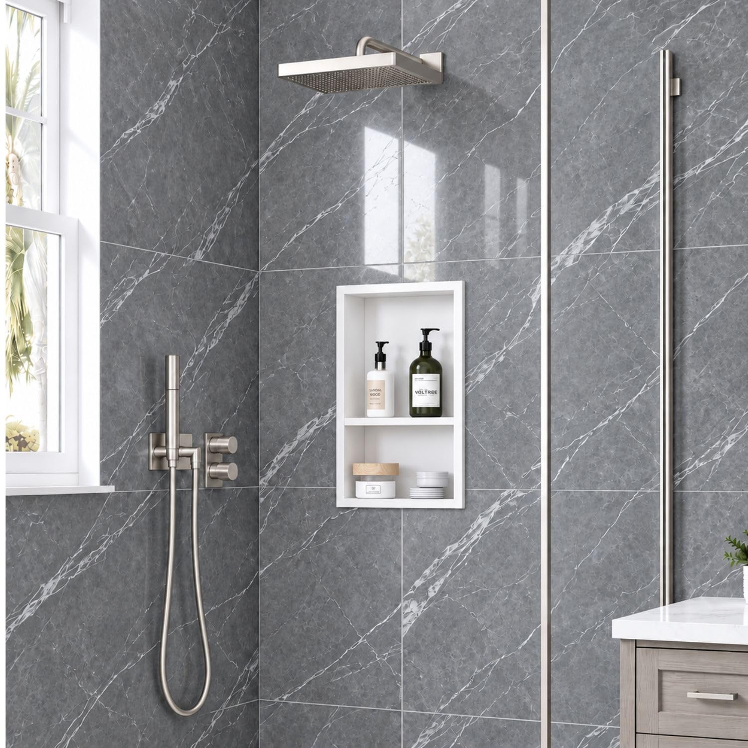 20 x 16 Inch Stainless Steel Shower Niche, No Tile Needed Wall Niche with Double Shelves, Recessed Wall Niche Insert for Bathroom Shower Kitchen Storage, Matte White