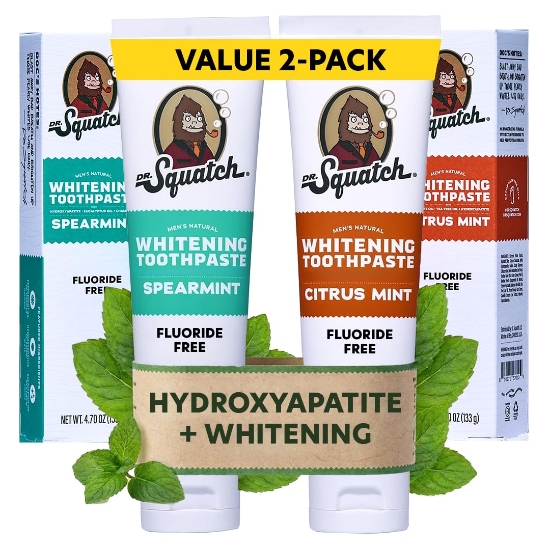 Dr. Squatch Hydroxyapatite Whitening Toothpaste - Natural, Fluoride-Free - Enamel Support - Day & Night Set - Citrus Mint & Spearmint, (4.7 oz, 2-Pack)