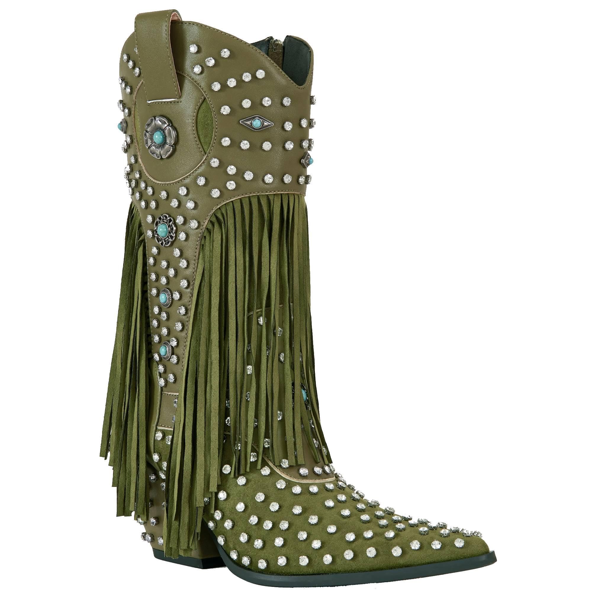 Huntarry Womens Western Ankle Boots with Studded Pattern and Fringe - 7cm Block Heel Slip-On Fashion Booties
