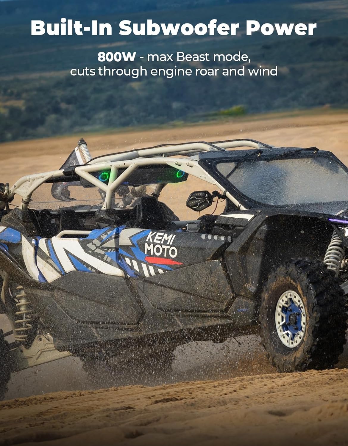 KEMIMOTO Midnight 90 UTV Sound System All-in-One, Deep Bass Dual Subwoofers w/FM Radio BT5.3, 800W Max, IP66 Waterproof Outdoor RGB Roof Audio Speakers Compatible with Maverick X3/ R, RZR, Flat Mount - Image 4