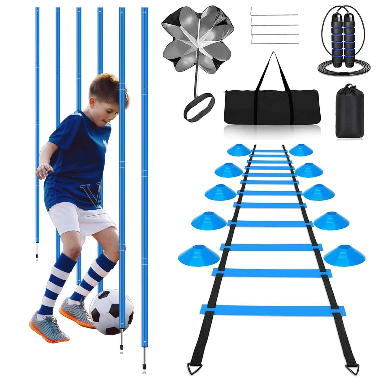 Entrainement Football Kit, Ensemble d'entraînement d'agilité de Vitesse, Avec Échelle de Rythme 6 M, 10 Cônes de Disque, Parachute de Course, Bâton D'entraînement Agile, pour Enfants et Adultes