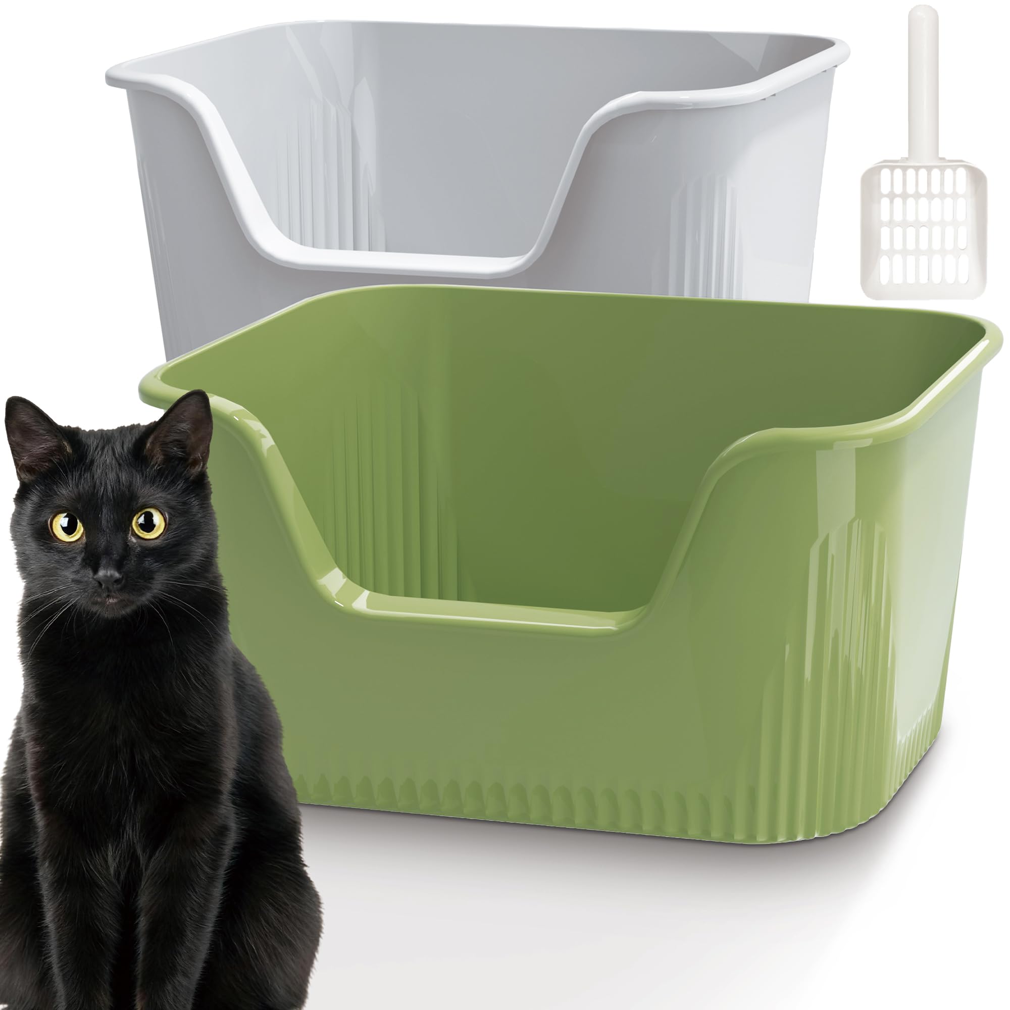 Vealind Cat Litter Tray High Sided with Low Entry 2 Pack 100% Leak Proof Tall Kitten Litter Trays for Indoor Cats Litter Box with Scoop