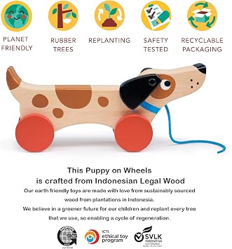 Mentari Toys - Puppy on Wheels - Wooden Dog Pull Toy for Toddlers - Natural Wood Toy with 7 inch Pull Chord, 4 Wheels, Rotating Ears - Enhances Motor Skills - Fosters Imaginative Play - Age 18M+