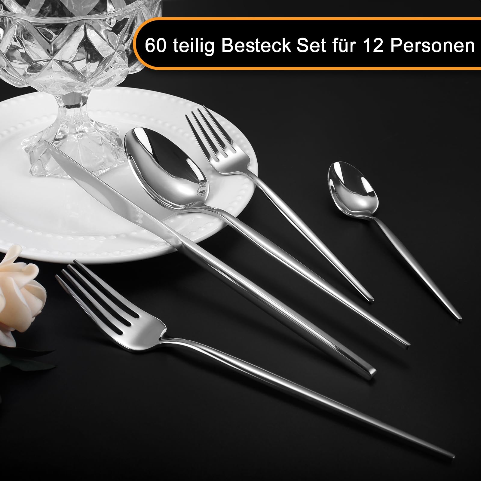 Besteck Set 12 Personen,Targzier 60 teilig Edelstahl Bestecksets,Essbesteck Set mit Messer Gabel Löffel,Edelstahl Essbesteck für Küche/Party/Restaurant,Glänzend Besteckset&Spülmaschinenfest