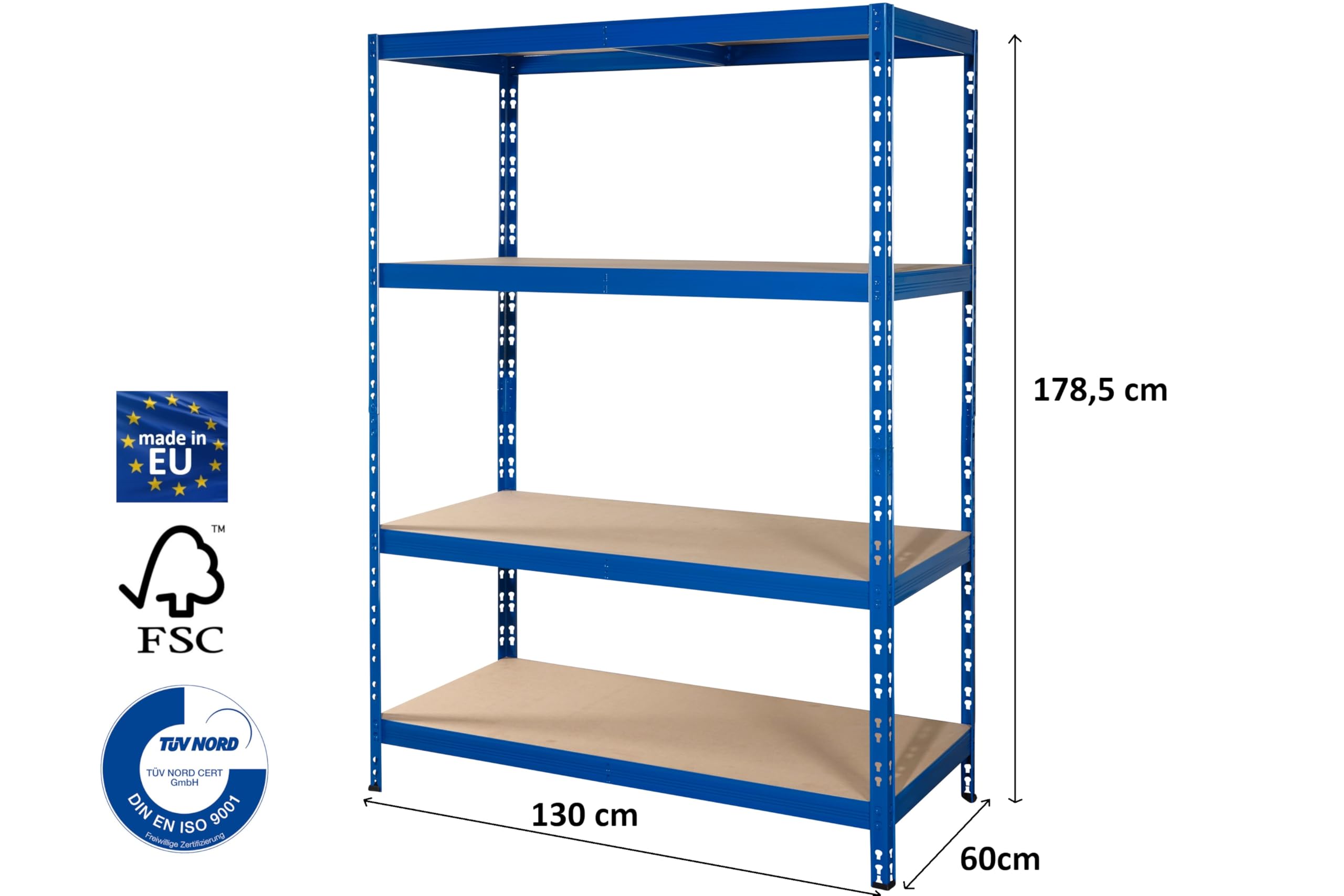 CALLIDUS ✓ Schwerlastregal Rom | 178,5x130x60cm | blau pulverbeschichtet ✓ 4 Böden je max. 250 kg Tragkraft ✓ Lagerregal Metallregal Kellerregal (130 x 178,5 x 60 cm)