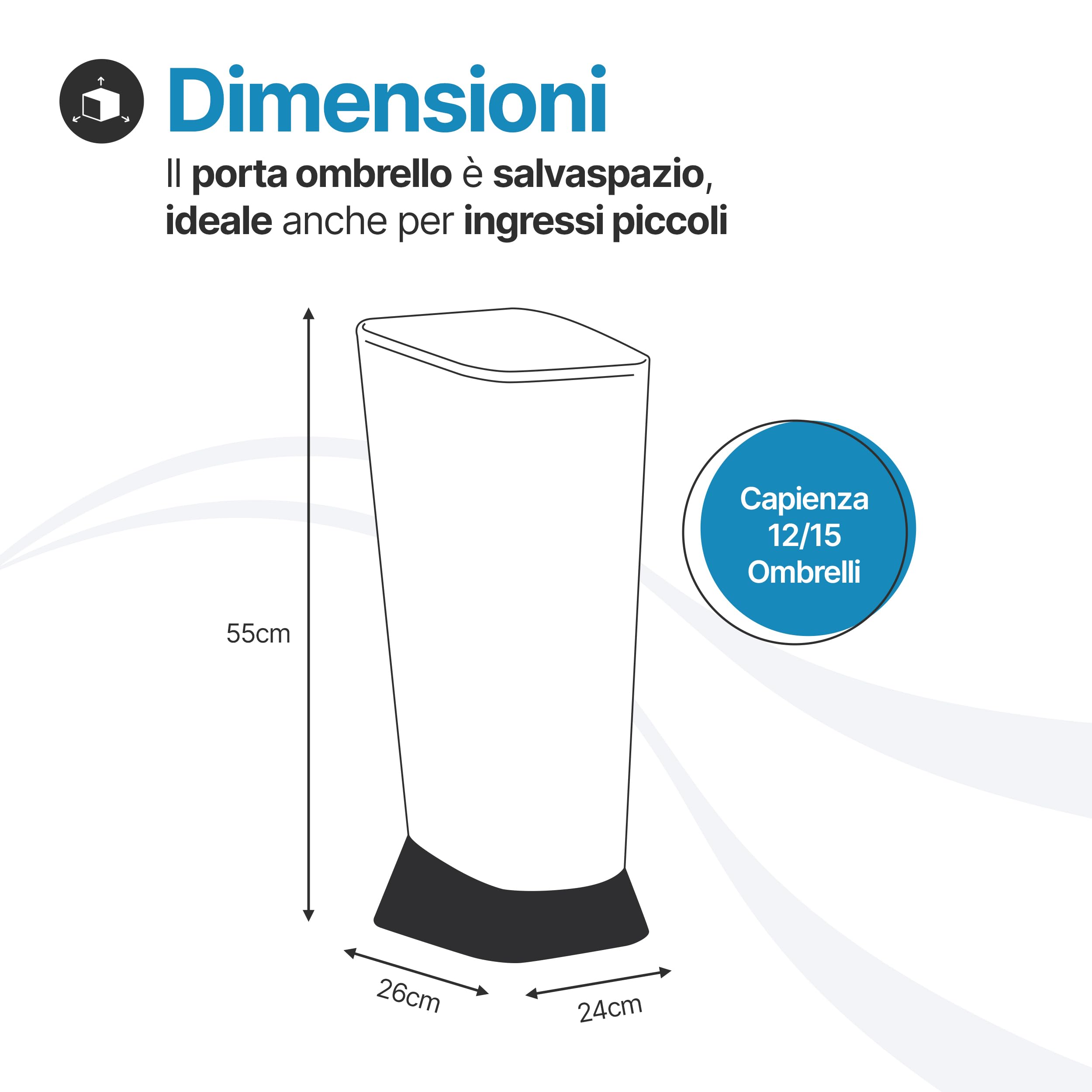 Tomaino - Portaombrelli da Interno ed Esterno 24x26x55 cm per Ingresso Casa, Negozio e Ufficio - Portaombrelli Nero in Plastica Resistente - Fino a 15 Ombrelli