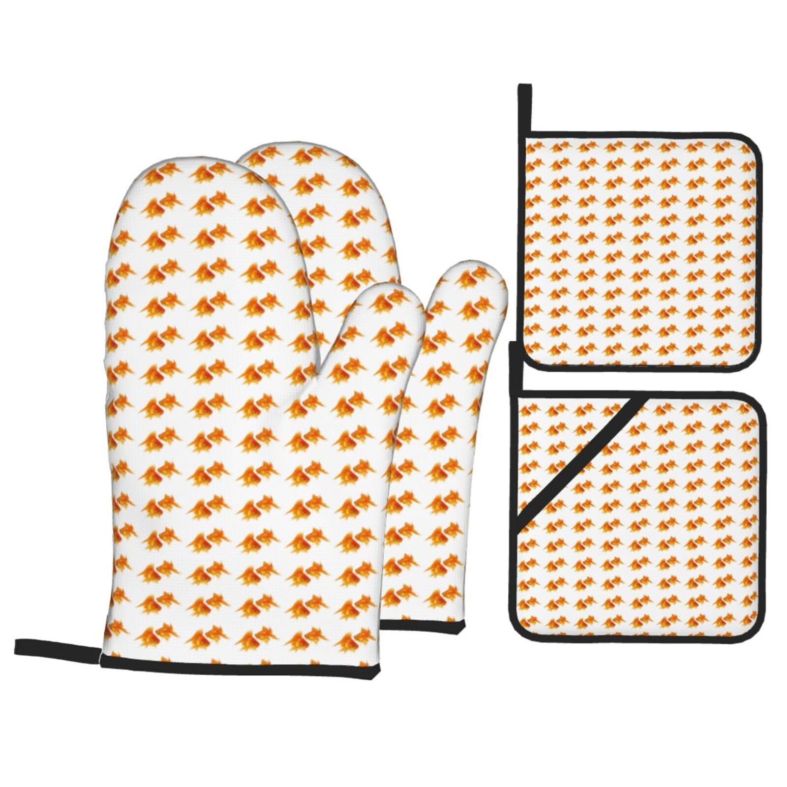 Cute Fish Print Stylish Heat-Resistant Oven 4-Piece Set Kitchen Gloves Roasting Daily Cooking