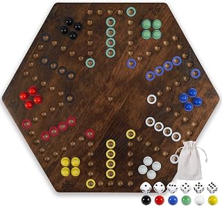 Wahoo Board Game - 20 inch Marble Game Board with 24 Glass Marbles and 6 Dice,Solid Wood Double-Sided Game Board for 4 or 6 Players - Family and Party Game