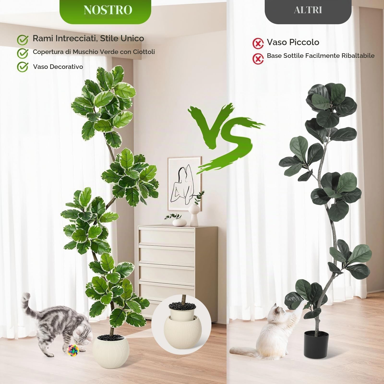 Pianta Finta Ficus Lyrata Variegata Alta - Pianta Decorativa Interna Realistica con Vaso Ceramica, Pianta Artificiale Senza Manutenzione per Arredamento Salotto, Camera o Ufficio