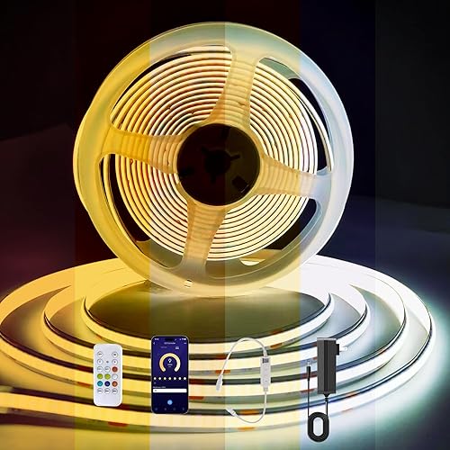 CCT COB - Tira de luz LED de 32.8 pies, tira de luces LED de blanco cálido a blanco frío, 608 LEDsM DC24V, CRI90+, control de aplicación Bluetooth,