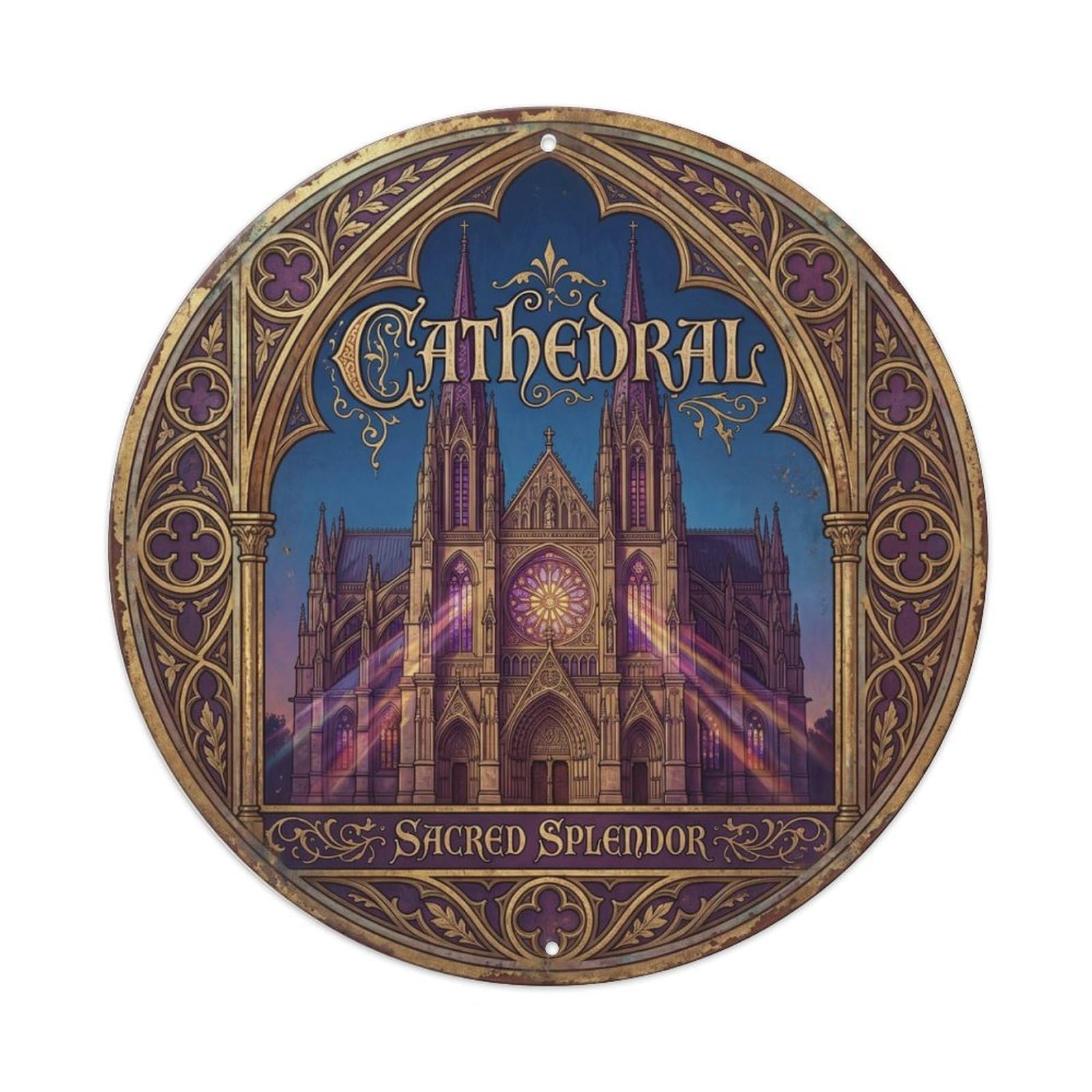 Vintage Travel Gothic Cathedral Spires Metal Tin Sign Plaque Wall Decor for Cafe, Club Bar, Office, Home Garden Round Metal Poster 8x8Inch
