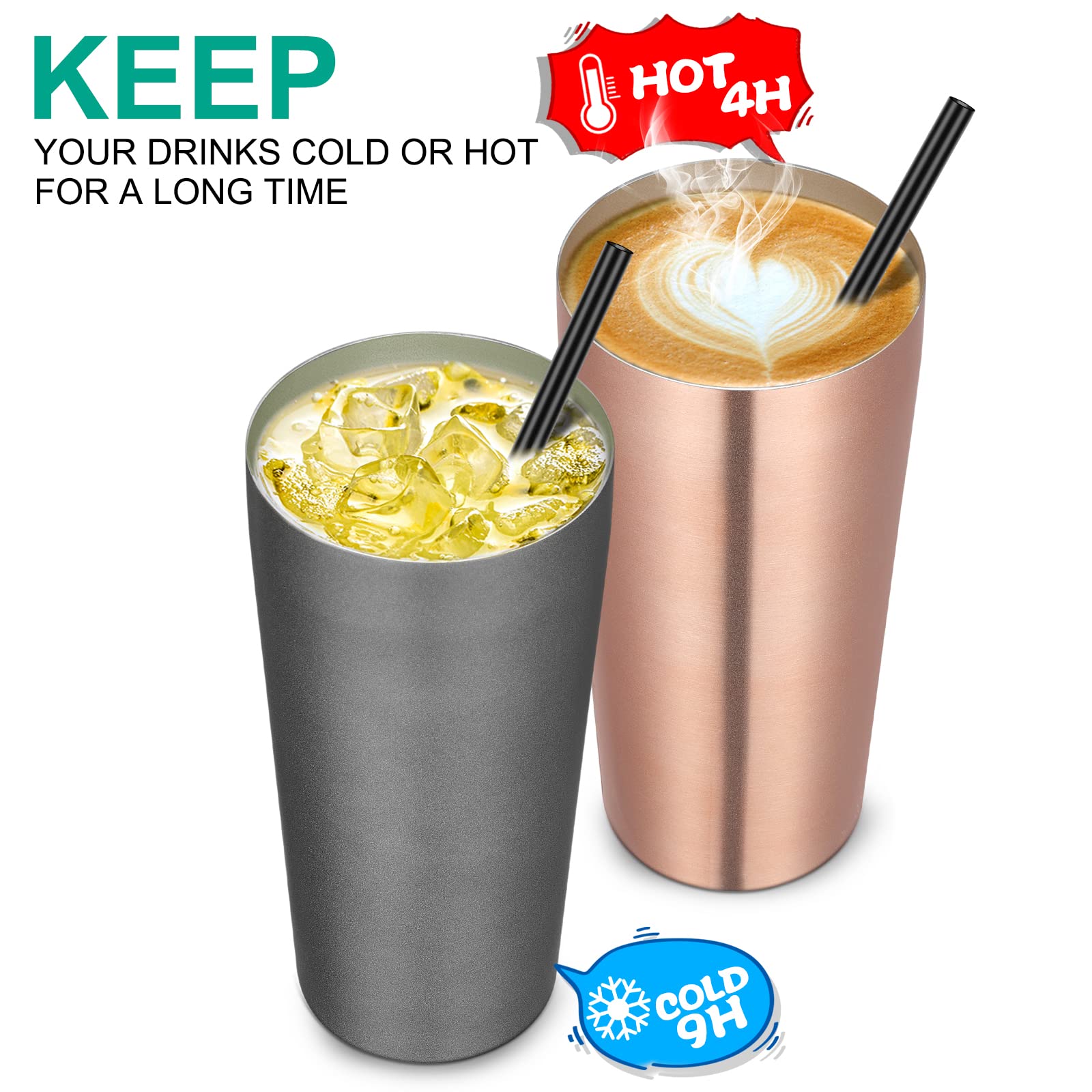 VEGOND 590 ml Becher mit Deckel und Strohhalm, 6 Stück, vakuumisolierter Edelstahlbecher, doppelwandiger Kaffeebecher, Reisebecher, Roségold