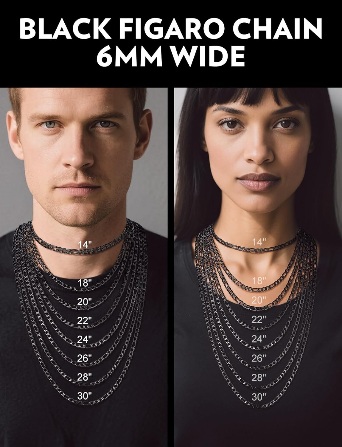 Bandmax Stainless Steel Figaro Chain Necklaces for Men Women, Silver/Gold/Black 4MM/6MM/9MM Flat Italian Style Figaro Link Chains Length 14"-30", Gift Packed - Image 6