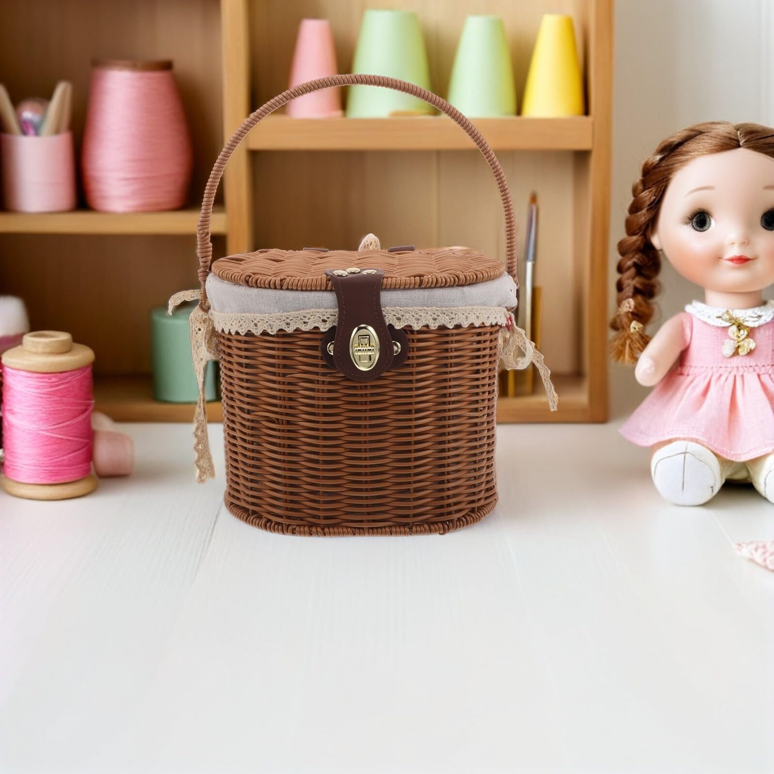 PRETYZOOM Cesta Tejida a Mano Pequeña con Tapa y Asas Forro de Tela Interior Cesta Decorativa Multiusos para Almacenamiento y Picnic y Cocina Estilo Rústico Natural