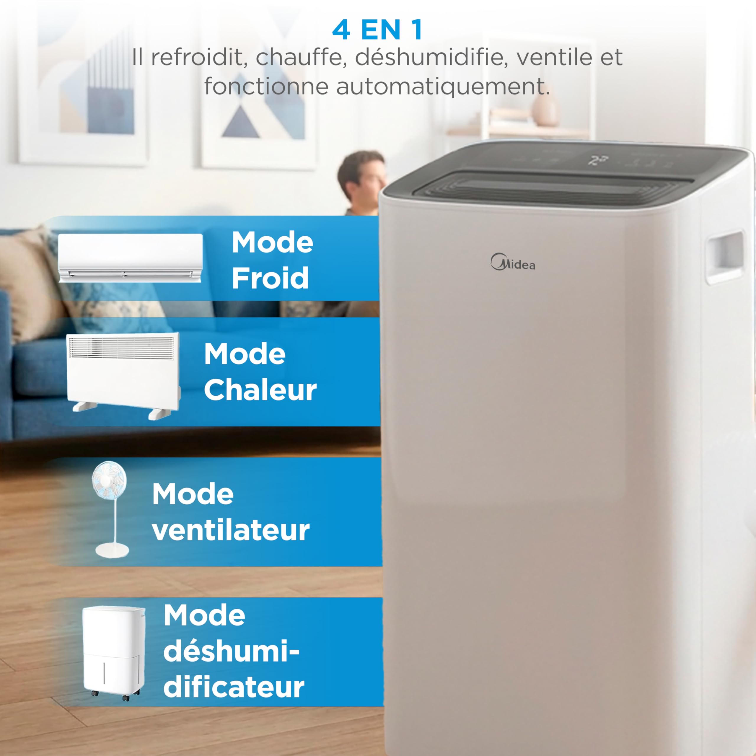 MIDEA Climatiseur Mobile Silencieux 12000 BTU avec Évacuation - Chauffage et Climatisation Portable Prêt à Poser 3500W - Clim Réversible Split Mobile - Kit de Fenêtre, App Control et Pompe a Chaleur