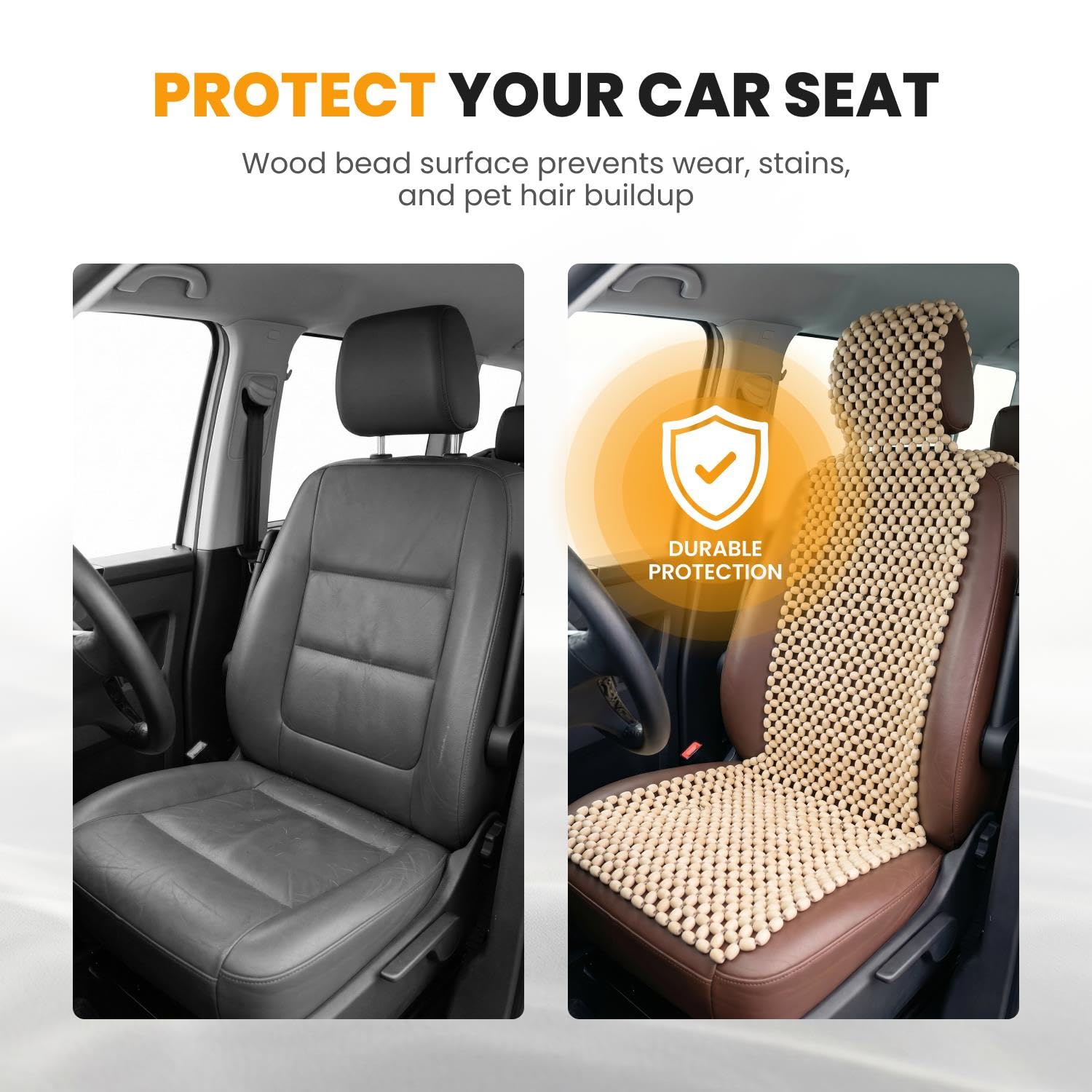 NOVECRAFTO Autositzbezug mit Holzperlen und Kopfstütze – Naturholzperlen-Massagegerät für Auto, Van, LKW & Taxi – atmungsaktives kühlendes Sitzkissen – universelle Passform – 143 x 50 cm – Weiß