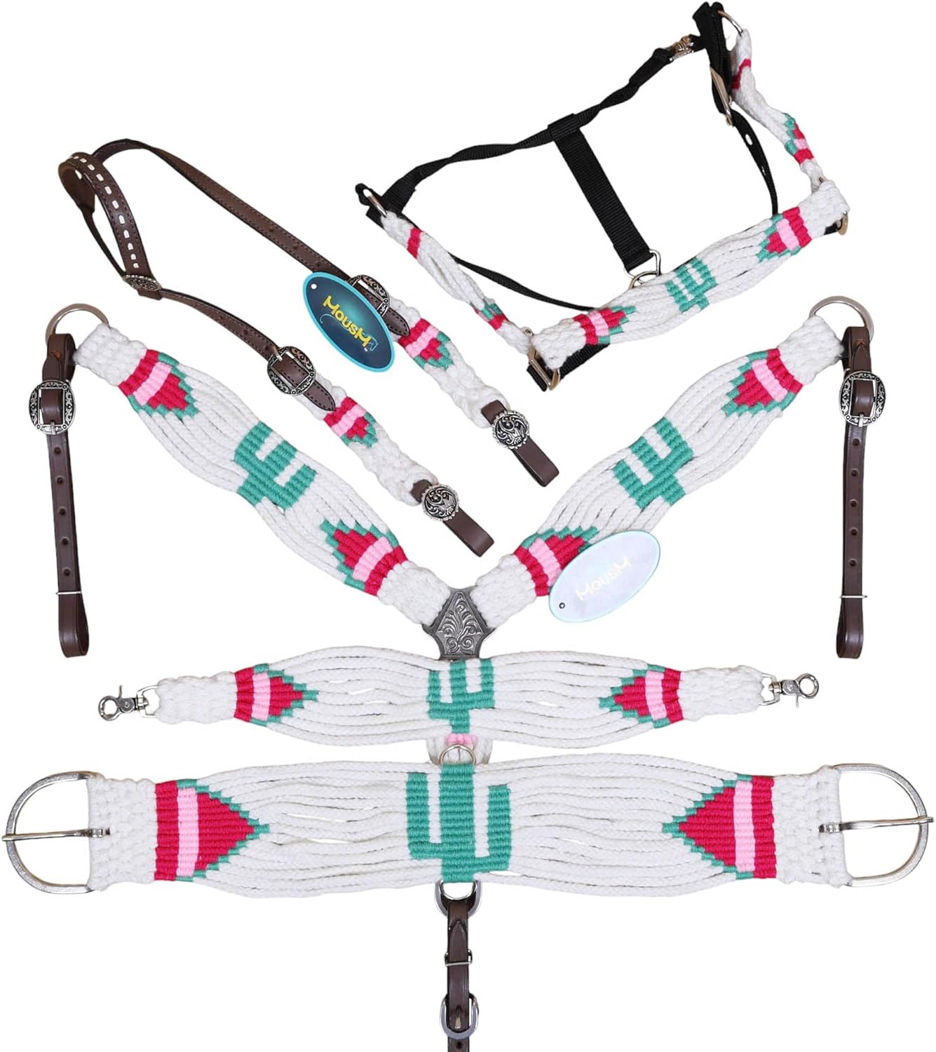 Green Cactus Mohair Western Headstall Tack Set with 32” Front Girth – White, Green & Red – Complete 5-Piece Set on Argentina Leather – Antique Copper Hardware – Handcrafted