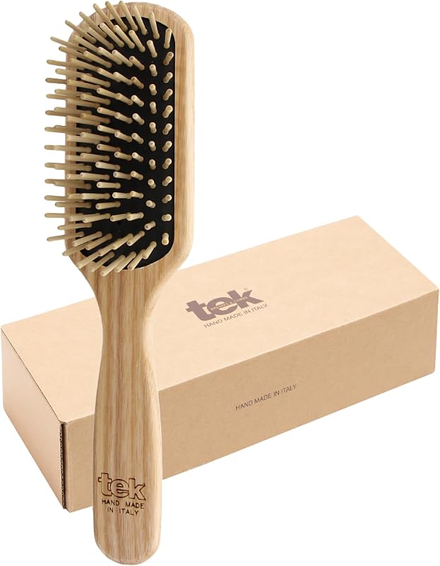 TEK | Rectangular Wooden Hair Brush Medium with Short Rounded Teeth in Natural Ash Wood, Ideal for Detangling, Styling and Daily Care of Short and Medium-Lenght Hair | 22x5.5cm | Handmade in Italy