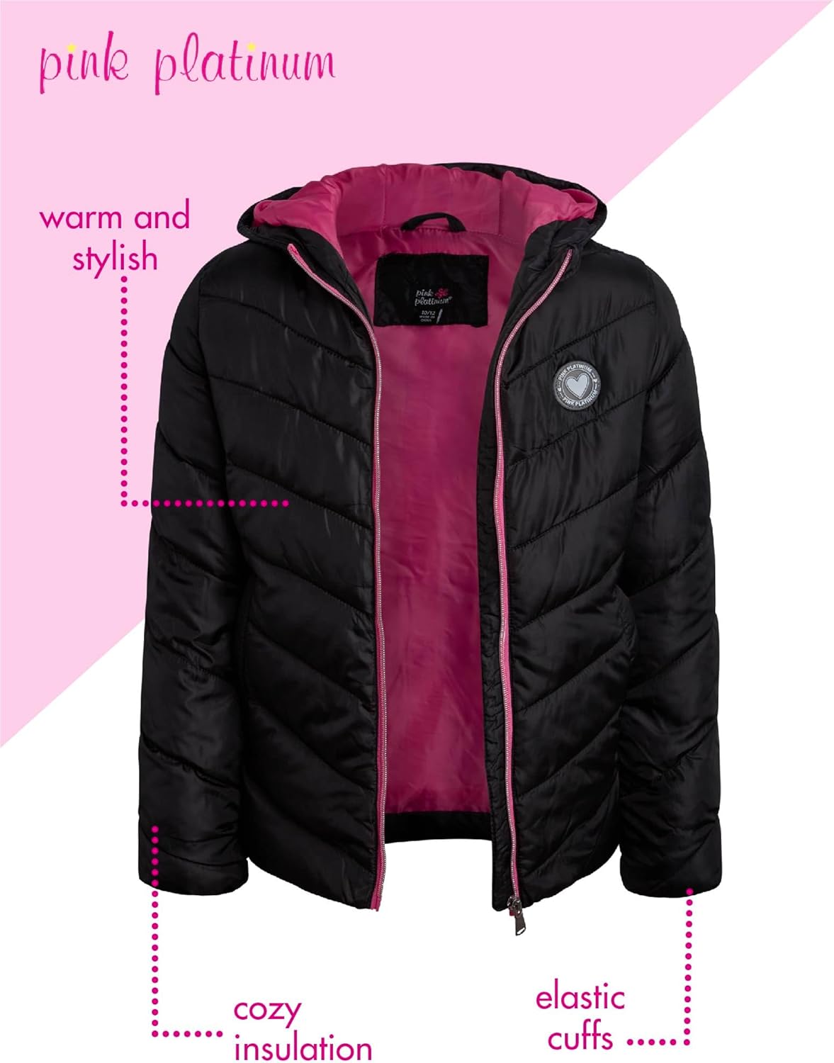 Pink Platinum Girls Puffer Jacket - Full Zip Up Quilted Jacket Hooded Winter Coat - Warm Snow Jackets for Girls - Image 3