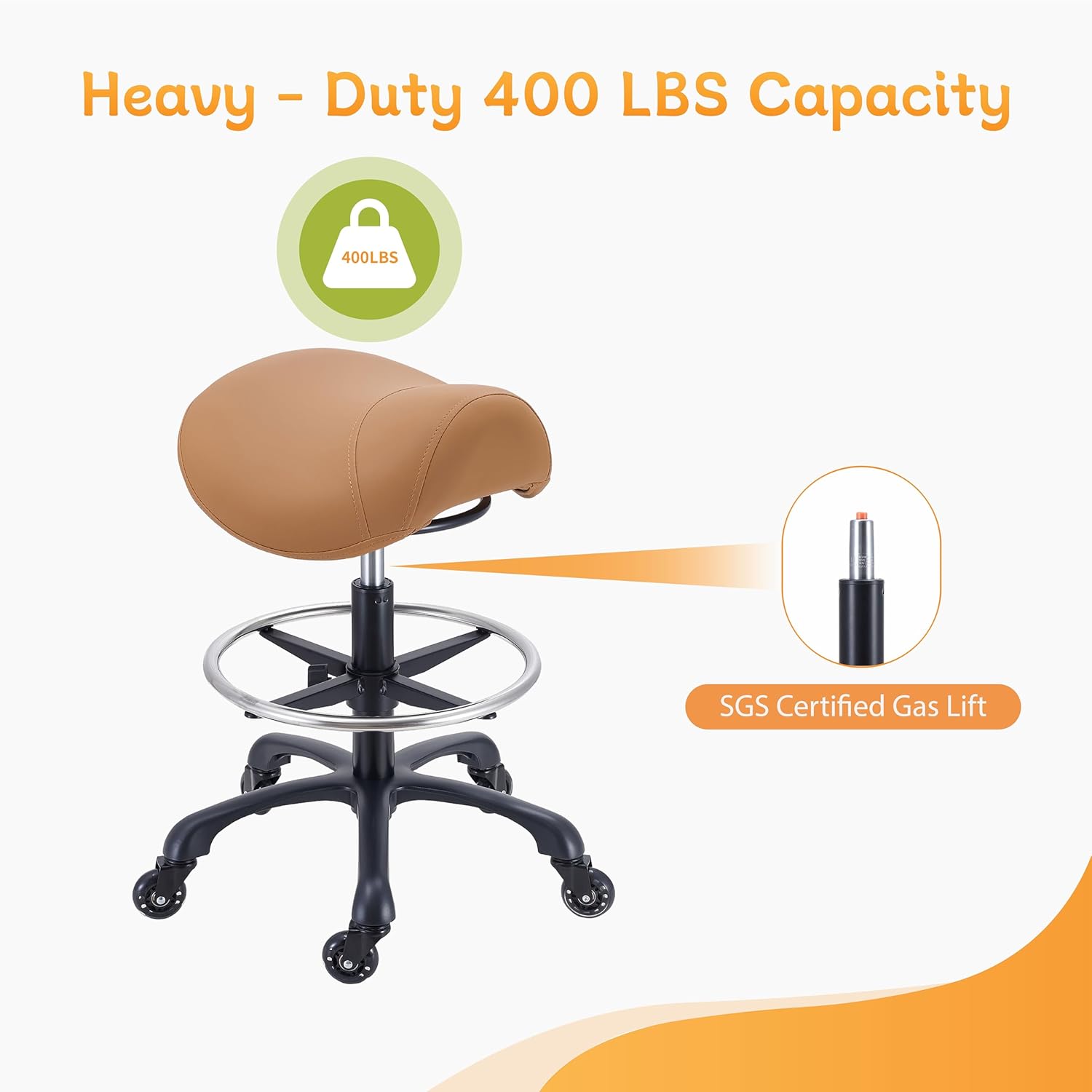 Saddle Salon Stool with Footrest,Heavy Duty, Adjustable Height, Rolling Esthetician Chair for Tattoo Spa Medical Dentist Clinic(Brown)