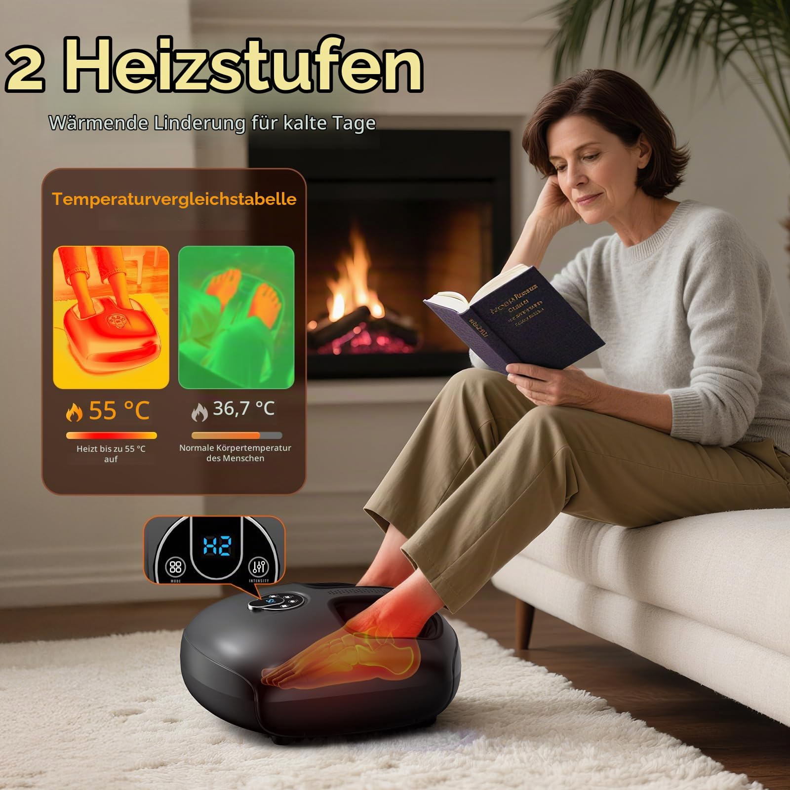 HTM Fußmassagegerät, Fussmassagegerät Elektrisch mit Wärmefunktion, Foot Massager mit Fernbedienung, Shiatsu-Tiefenknetmassage, 4 Massagemodi (Vibration/Kompression/Rollen),Bis Schuhgröße 46