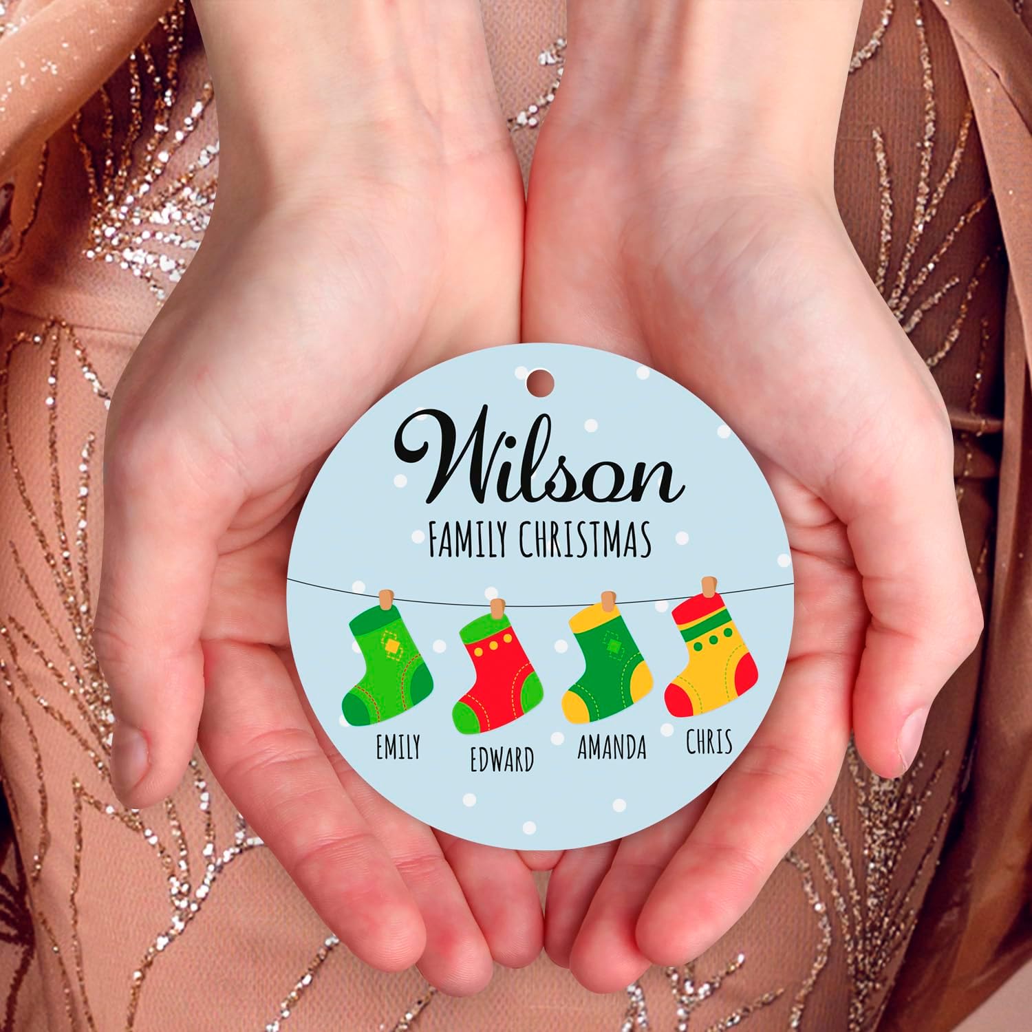 Soul Décor Custom Christmas Ornament, Personalized Stocking 2025 Ornament Name Decor for Christmas Tree Family of Four, Velvet Pouch Included, Large 3.75" Round ACM Ornament