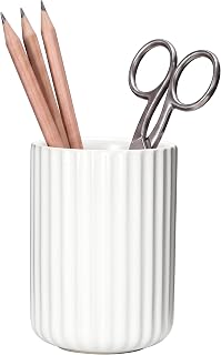Ceramic Pen Holder with Vertical Groove Design, Desk Pen Pencil Cup for Office, Multipurpose Ceramic Cup for Pens, Pencils, Makeup Brushes, Small Ceramic Vase, White Fluted Surface