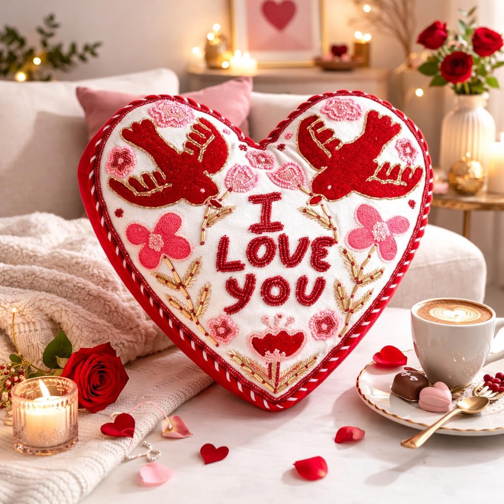 ZOMI Heart Shaped Embroidered Cushion with Filler Set of 1 Cotton I Love You Decorative Throw Pillow 14x14 Inch Romantic Accent Cushion for Sofa Couch Bed Valentine Gift Home Decor (Love Birds)