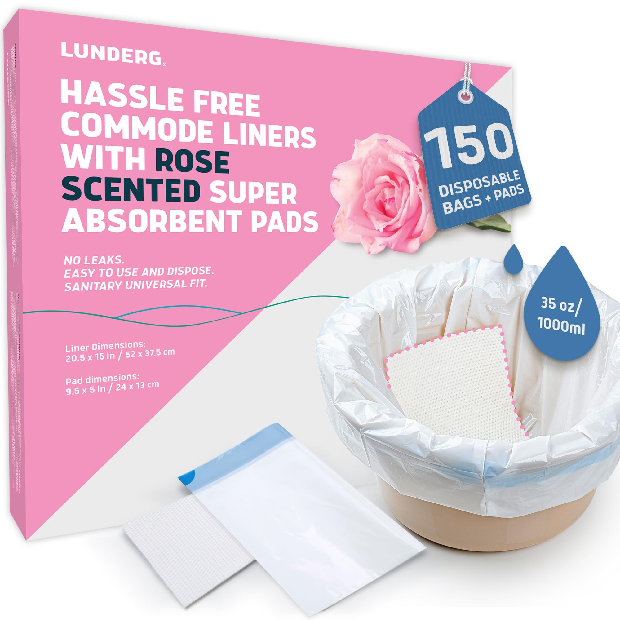 Lunderg 150 Count Value Pack - Rose Scented Disposable Commode Liners and Absorbent Pads for Adult Chairs and Portable Toilets