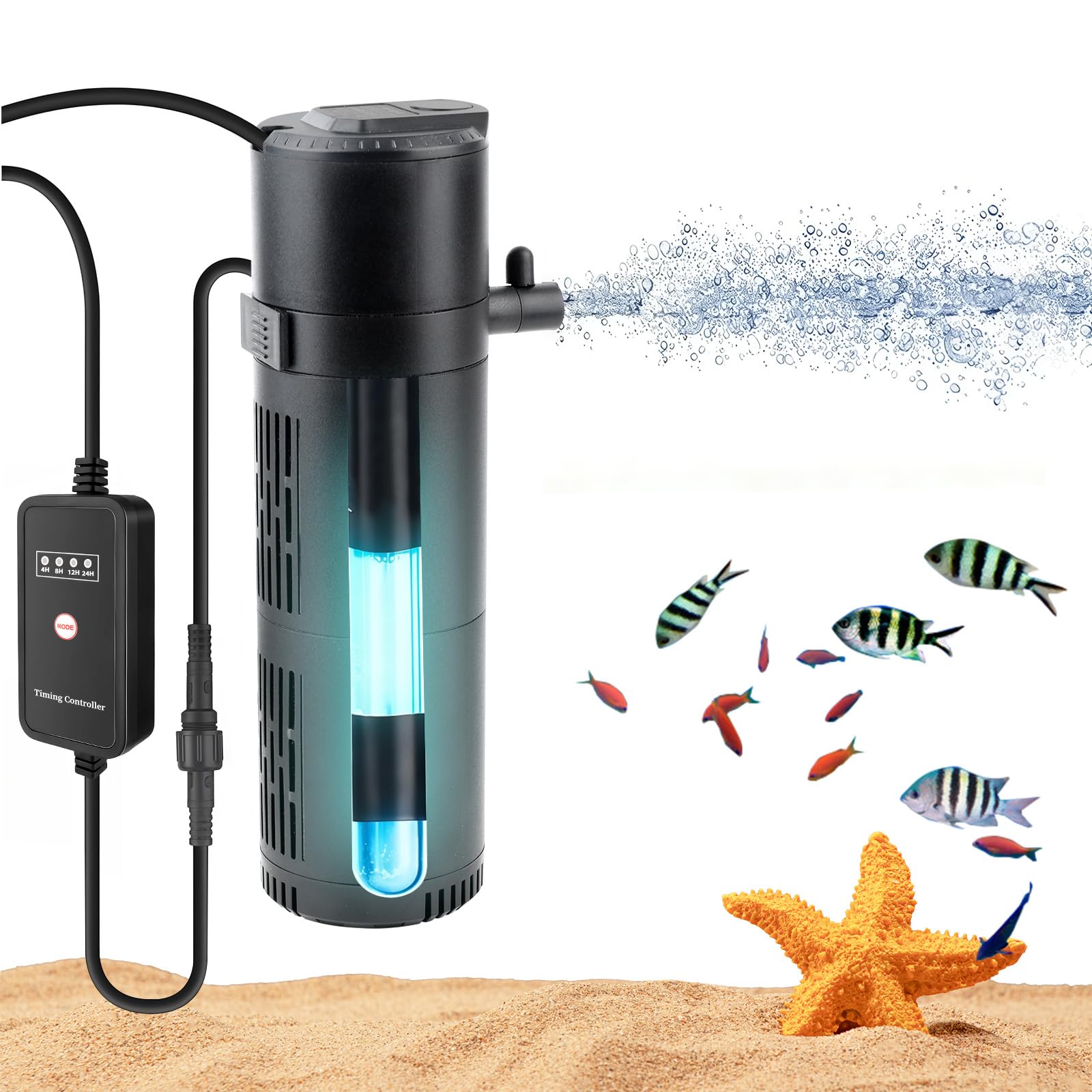 Filtro interno UV per acquario con luce UV, pompa filtro acquario 4 in 1, controller timer e finestra UV visibile, sistema di filtraggio multi-modalità per acquari d'acqua dolce e salata, 15-80 L (800