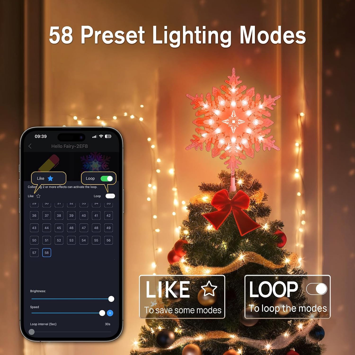 10” Smart Christmas Snowflake Tree Topper with 20 RGB Lights, DIY Colors Changing, Music Sync, Timer, for Xmas Tree Indoor Party Home Office Decoration