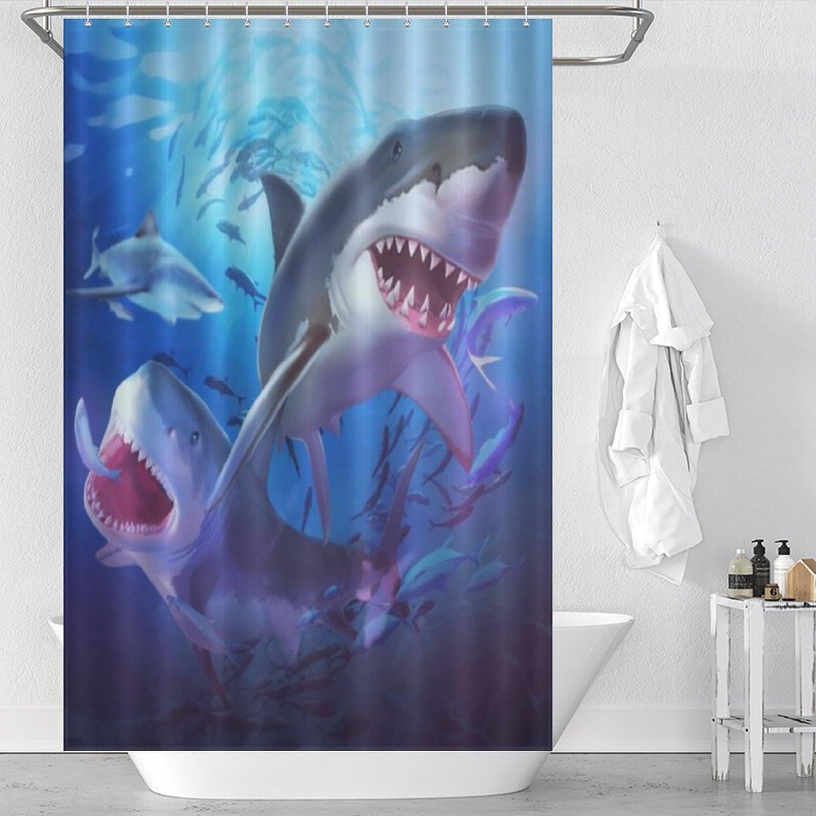 Rideau de douche requin 122x183 cm en polyester imperméable avec 12 anneaux pour salle de bain