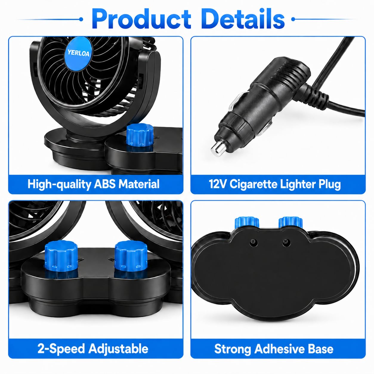 Yerloa Car Fan 12V, Dashboard Portable Fans That Blow Cold Air, Dual Head 2 Speed 360° Rotatable Electric Cooling Fan for Car, Vehicle, Truck, SUV, RV, Van, Boat, Golf Cart with Cigarette Lighter Plug