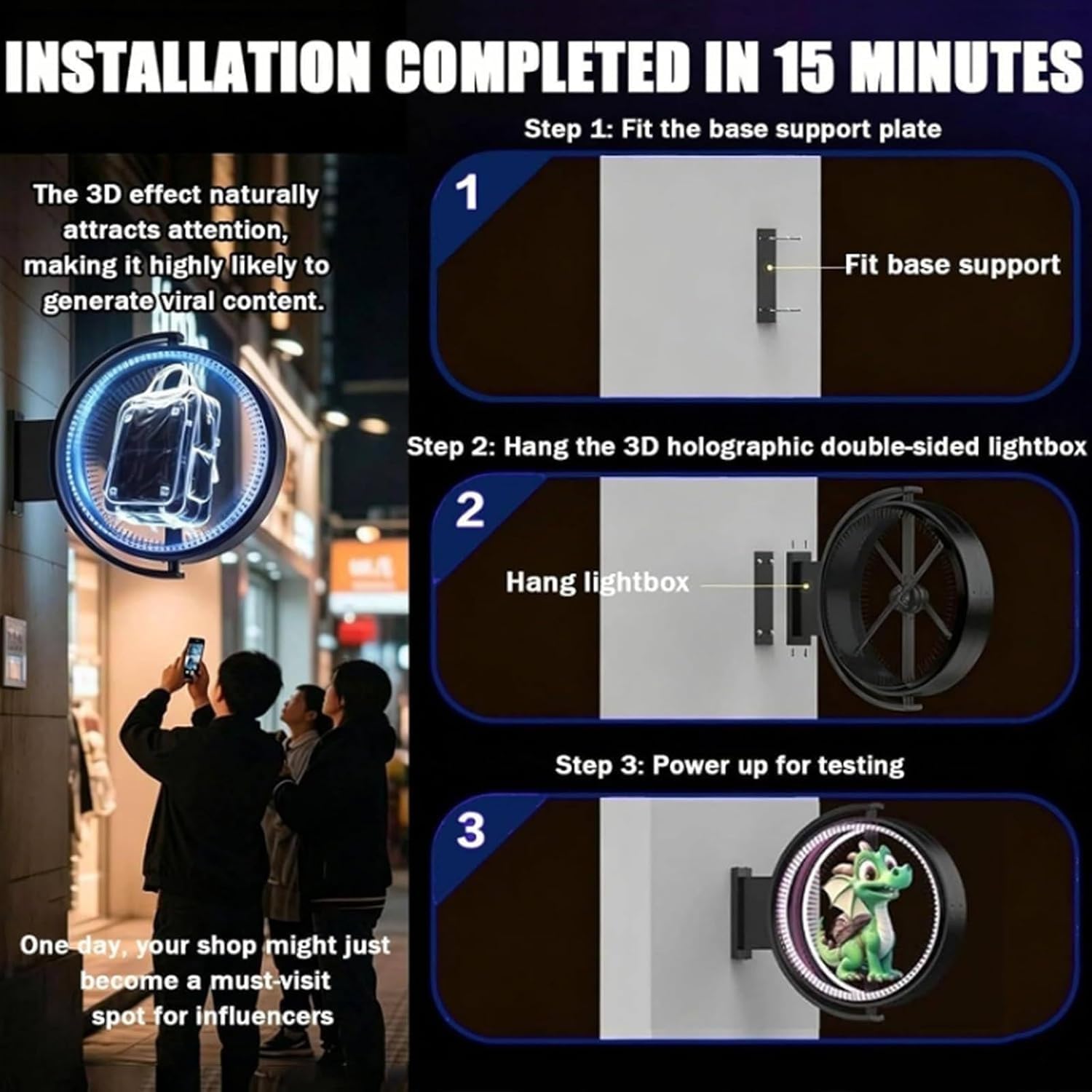 Cajas De Luz Holográficas 3D De Doble Cara, Letrero Publicitario | Letrero LED Impermeable Con Control Por APP Para Negocios, Restaurantes, Cafeterías, Salones De Belleza Y Tiendas(60cm)