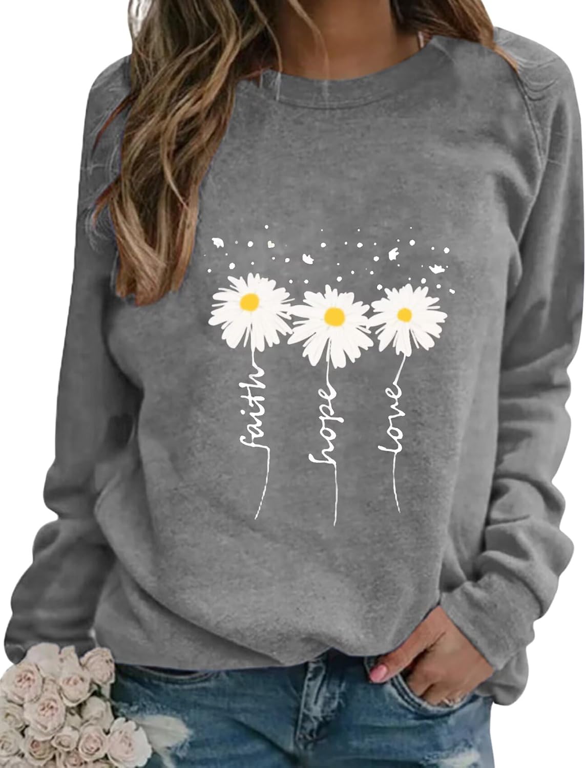EADINVE Women Crewneck Daisy Print Long Sleeve Sweatshirts Faith-Hope-Love Graphic Tops Casual Loose Fit Pullover Shirts