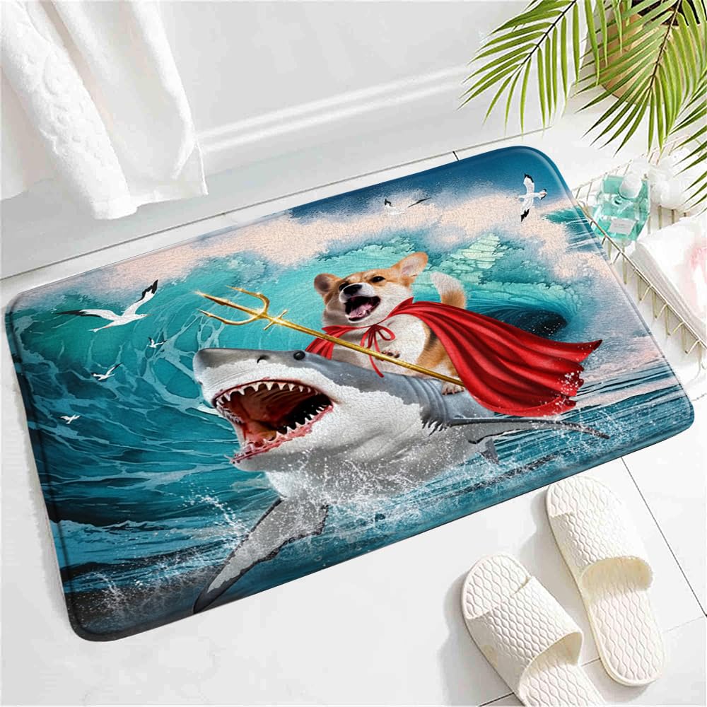 Funny Dog Shark Bath Mat Summer Nautical Corgi Riding Shark Blue Great Waves Seagull Creative Ocean Animal Morden Boys Memory Foam Bathroom Rug Indoor