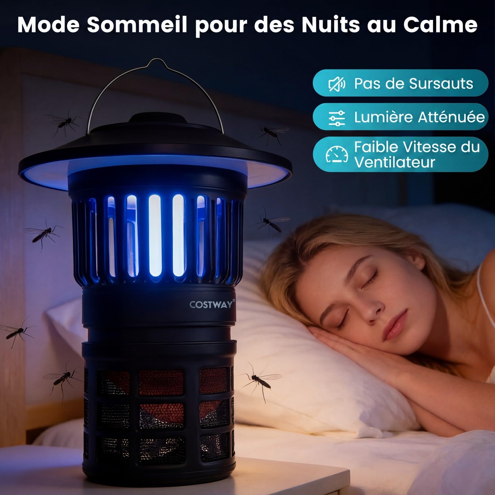 COSTWAY Lampe Anti Moustique Exterieur Interieur, Tue Mouche Electrique 100m², Éclairage Réglable, Rechargeable USB UV LED, Faible dB, Lampe Anti Insecte IPX4 pour Salon Camping Jardin Pêche